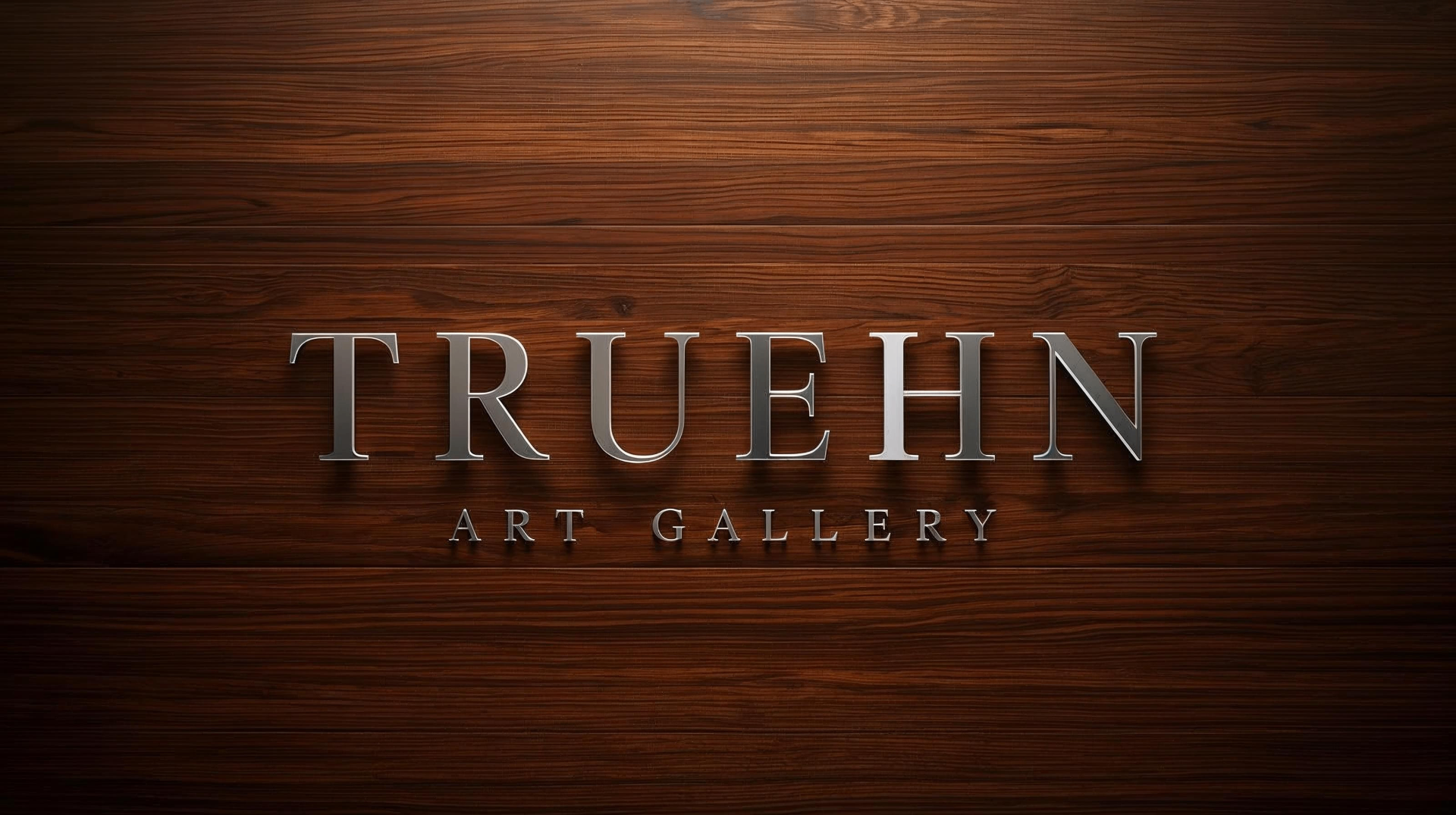 TRUEHN Art Gallery — silver serif logo on walnut