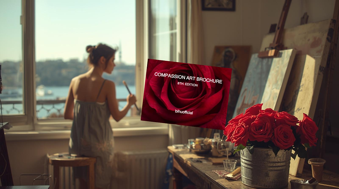 Artist in a sunlit studio overlooking the water, with the Compassion Art Brochure 8th Edition displayed