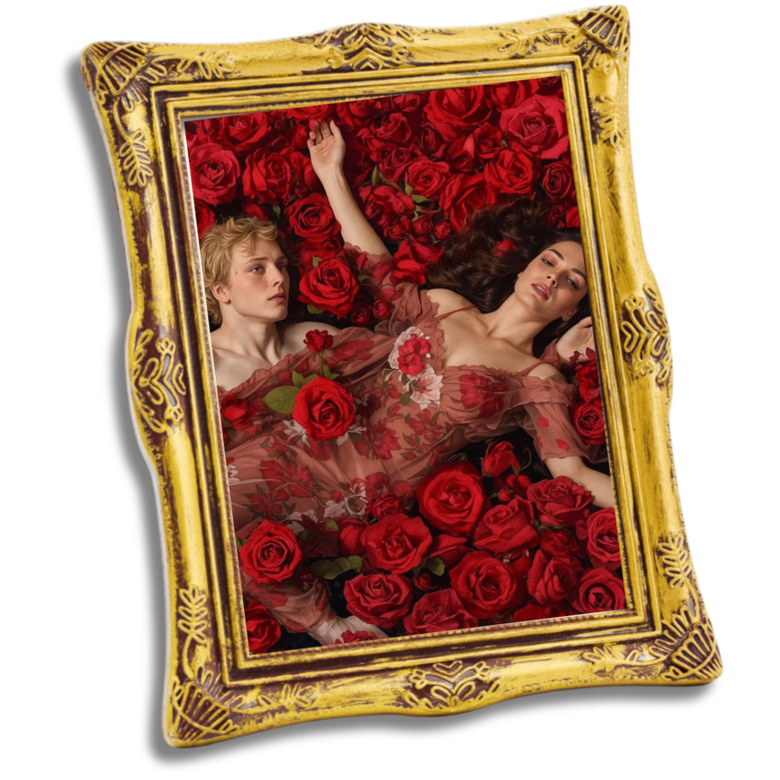 Compassion Art painting: two figures reclining amid a cascade of red roses, framed in ornate gilded wood
