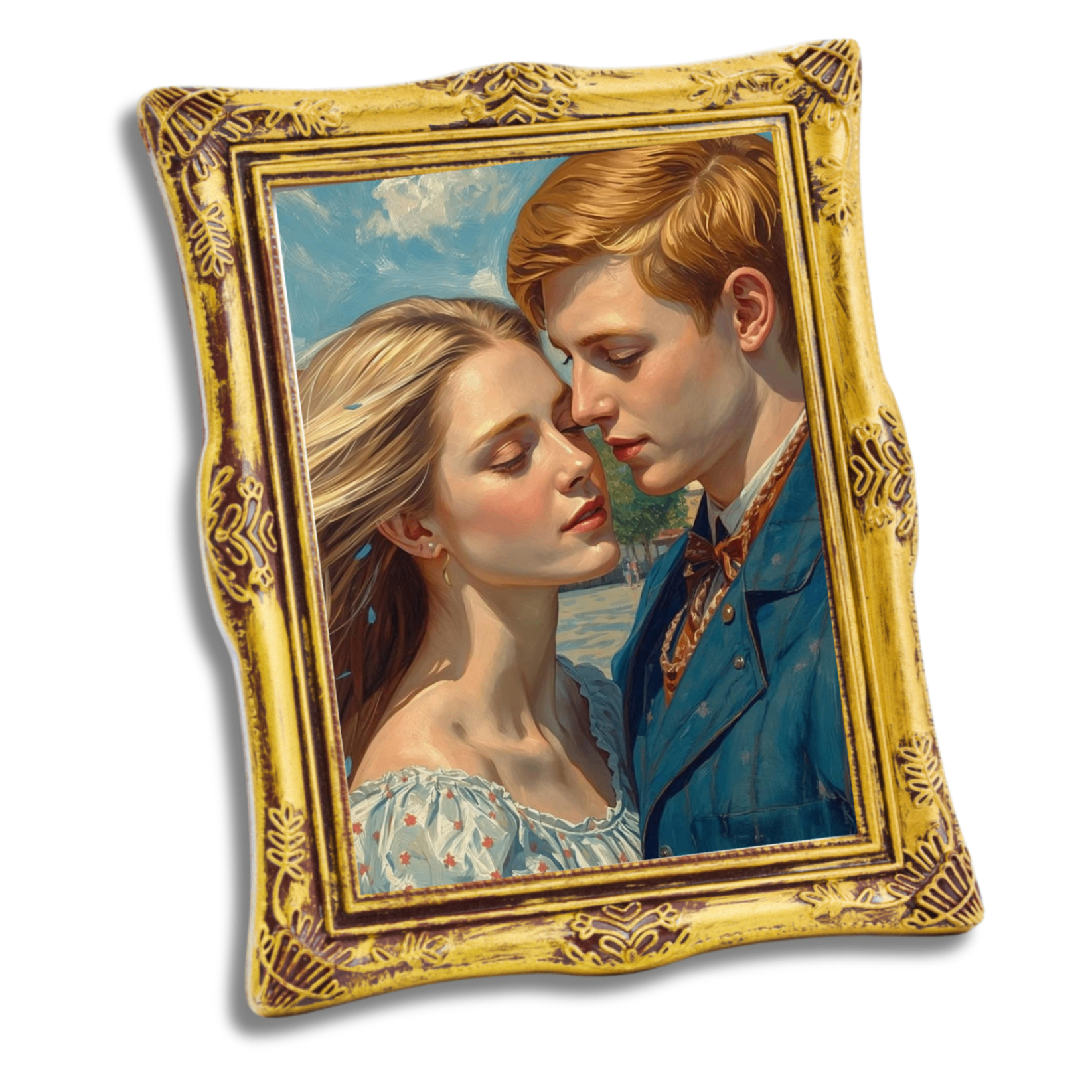 Compassion Art painting Embrace — a young couple in a tender, cheek-to-cheek embrace under a bright painterly sky, presented in a gilded frame